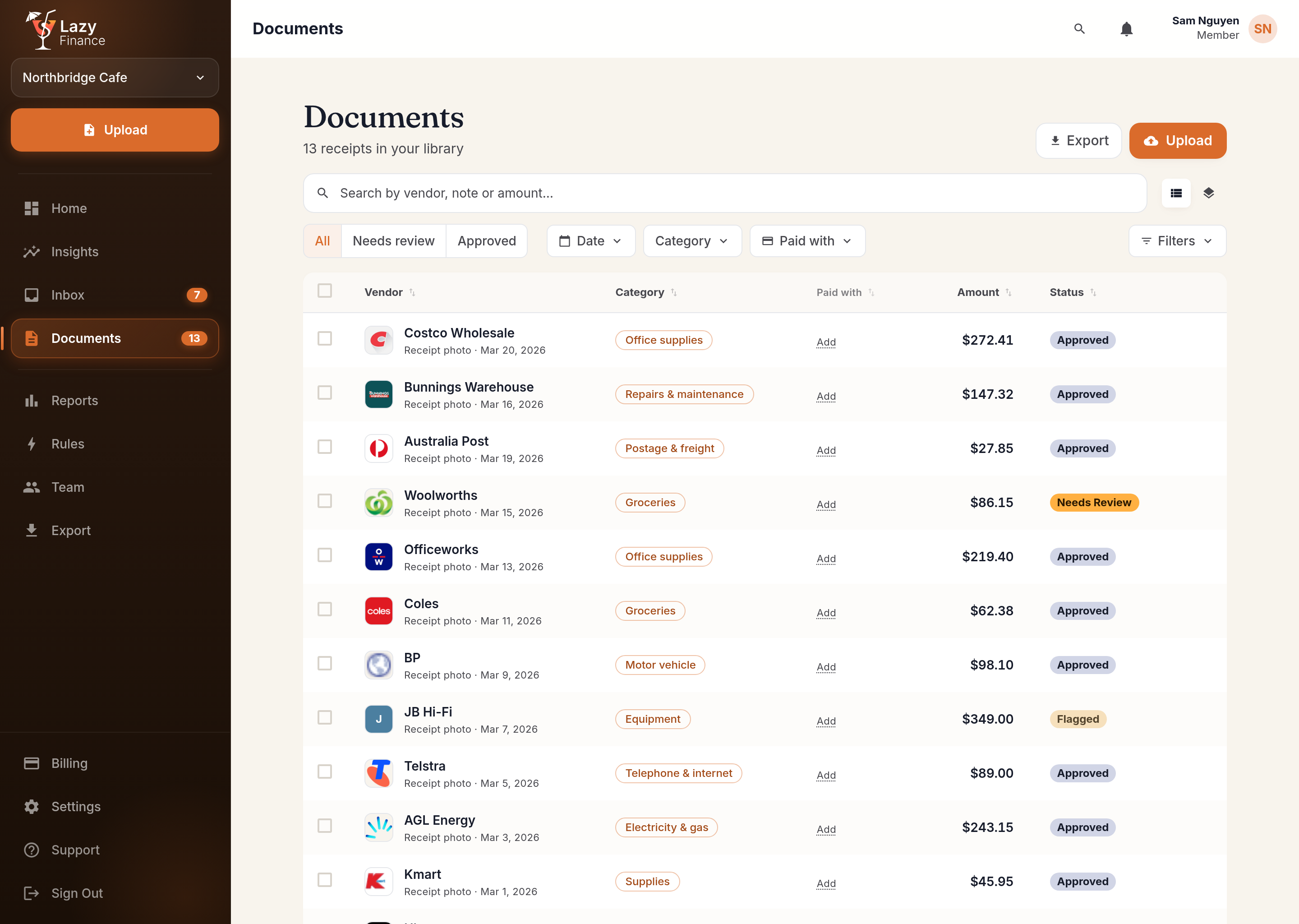 The Lazy Finance documents library — the Costco receipt filed at the top with real vendors, categories and approval status